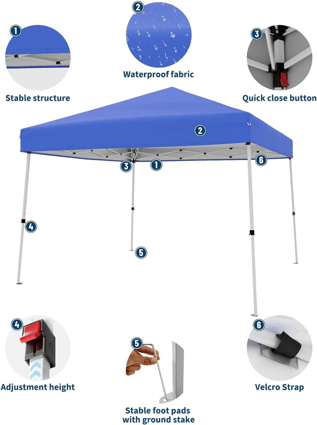 Pop Up Canopy Tent 10x10 FT, Slant Leg Waterproof Outdoor Gazebo, UV50+ Protection, 3 Height Adjustable, Easy Setup, Portable Shelter with Carry Bag for Patio, Garden, Beach, Parties - Blue