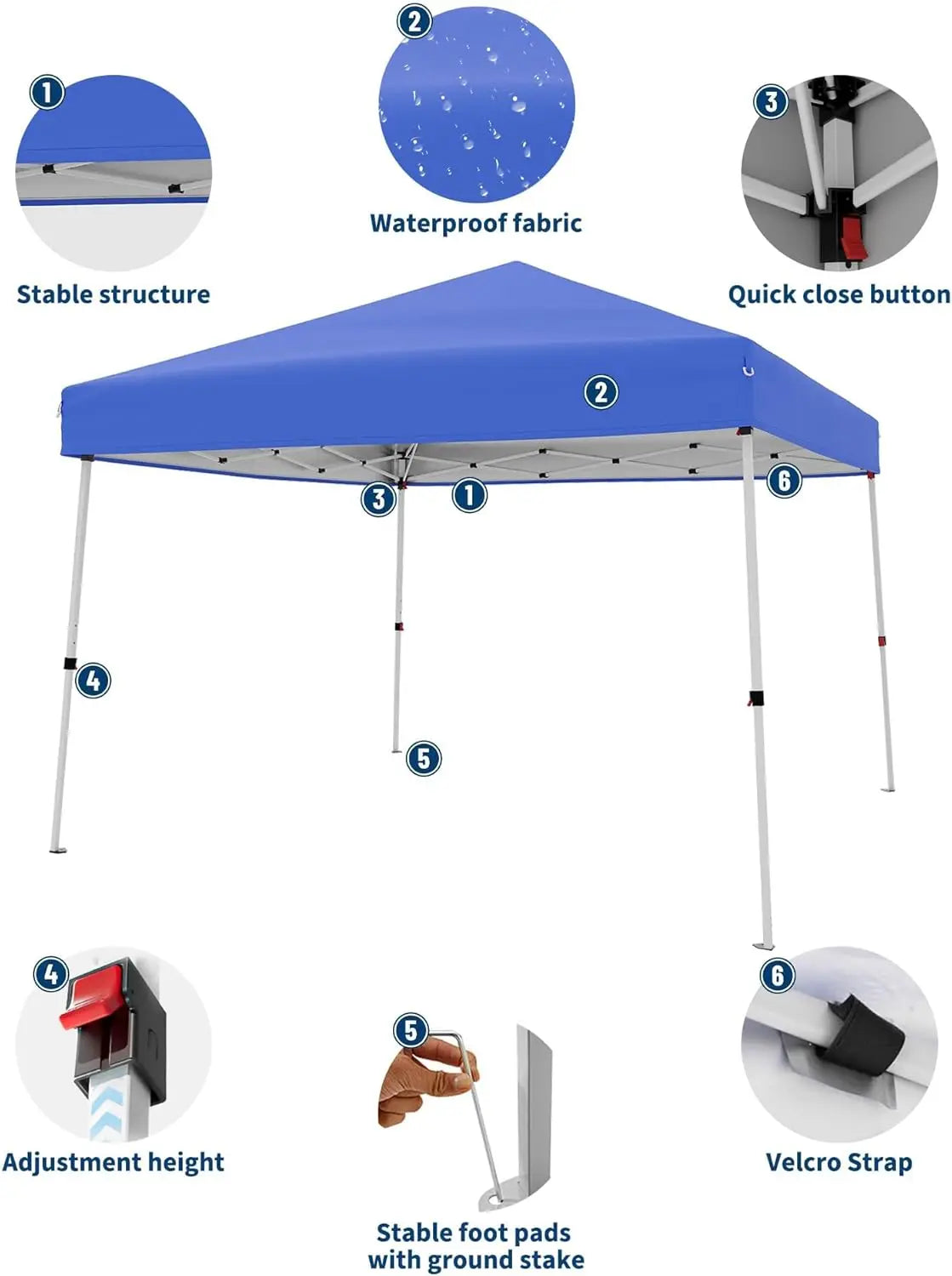 Pop Up Canopy Tent 10x10 FT, Slant Leg Waterproof Outdoor Gazebo, UV50+ Protection, 3 Height Adjustable, Easy Setup, Portable Shelter with Carry Bag for Patio, Garden, Beach, Parties - Blue
