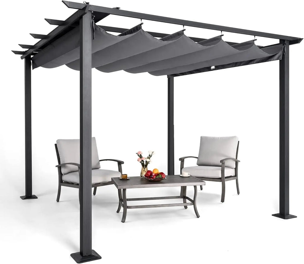 10' X 13' Outdoor Retractable Pergola Canopy for Deck, Backyard, Patio, Aluminum Pergola with Sun Canopy, Includes Ground Studs