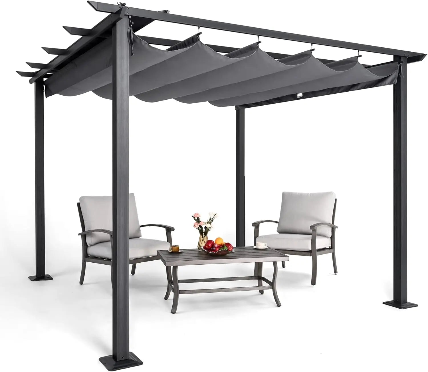 10' X 13' Outdoor Retractable Pergola Canopy for Deck, Backyard, Patio, Aluminum Pergola with Sun Canopy, Includes Ground Studs