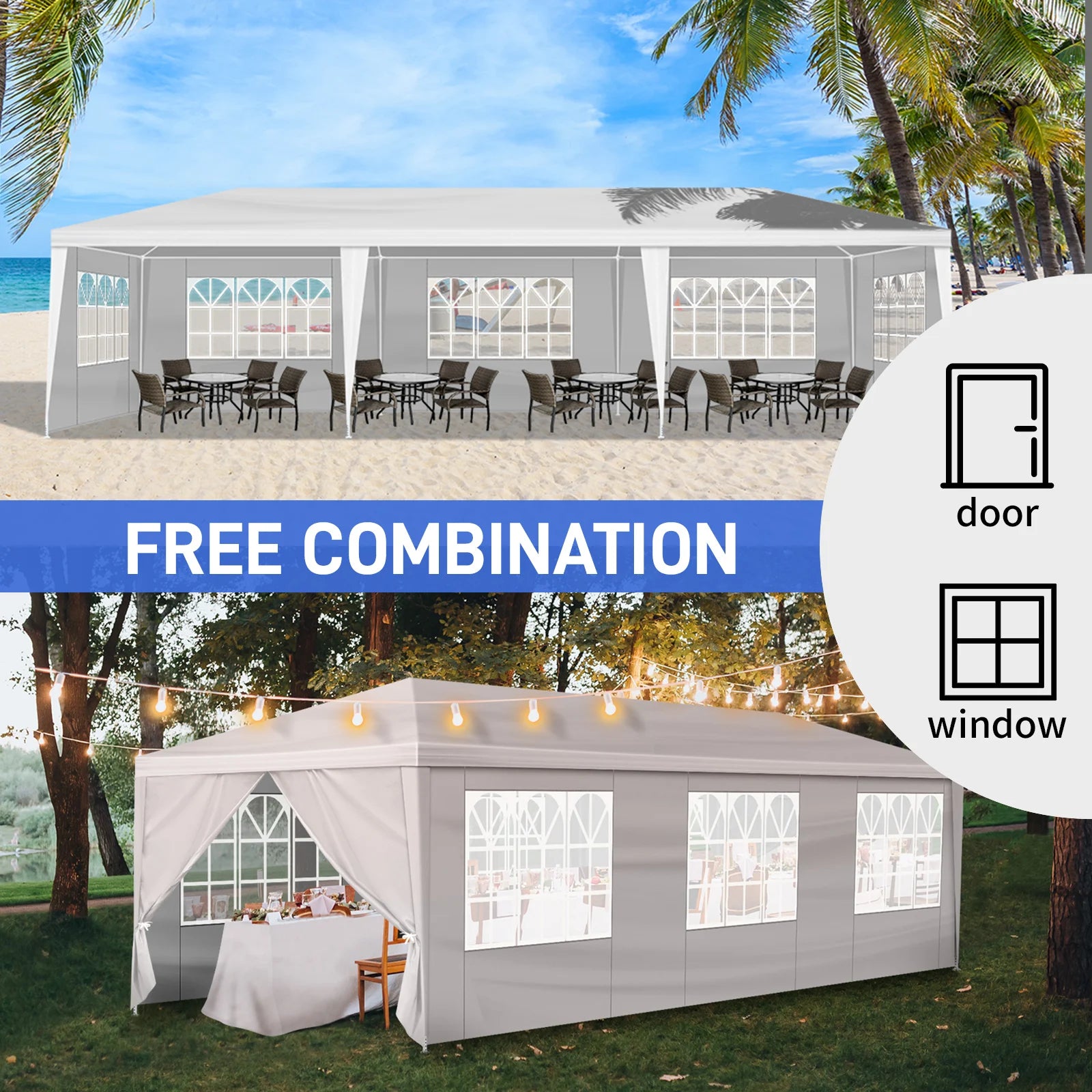 Tente de réception blanche 10'x30' avec 8 parois latérales amovibles, en tissu PE et structure en fer, gazebo d'extérieur imperméable avec fenêtres pour mariages, événements en plein air, abri de patio