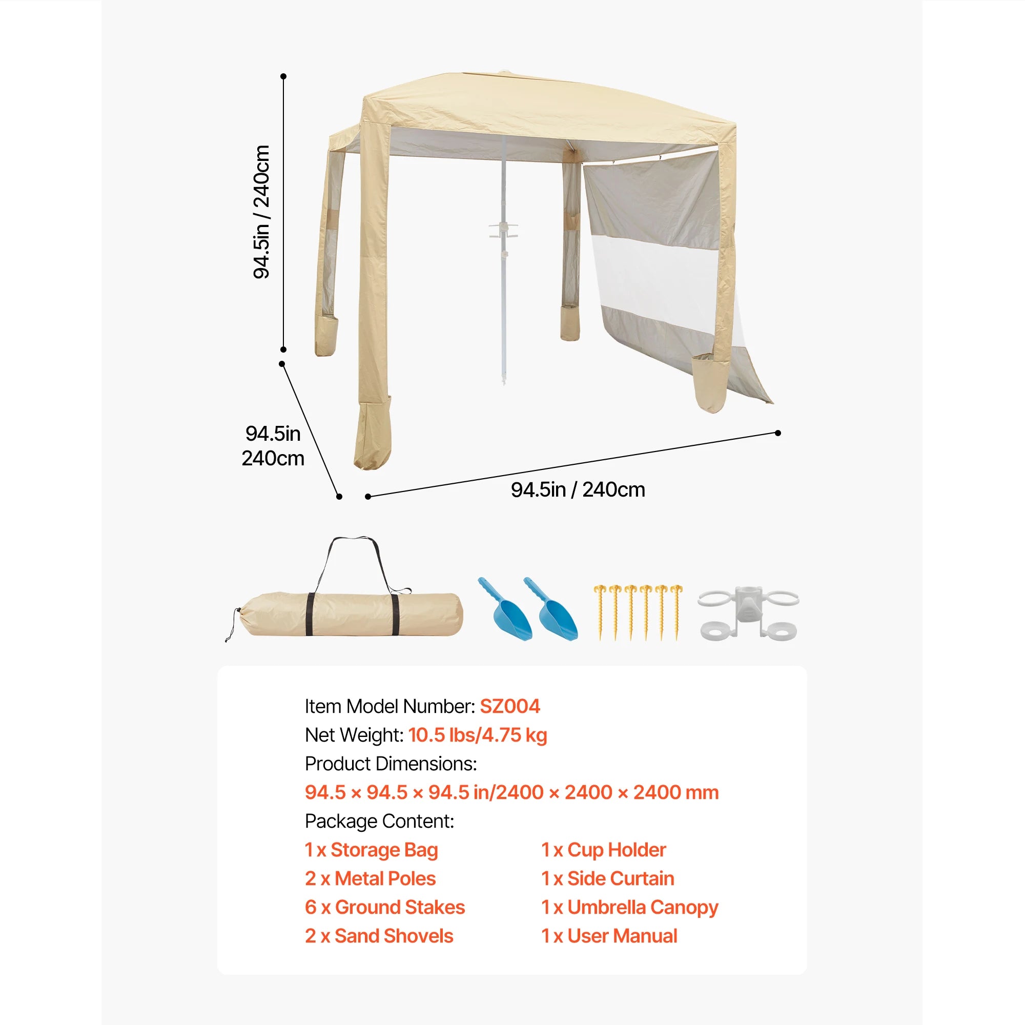 SucceBuy Beach Cabana 8 x 8 ft Adjustable Height Portable UPF 50+ Protection with Side Wall Sand Pockets for Family & Friends