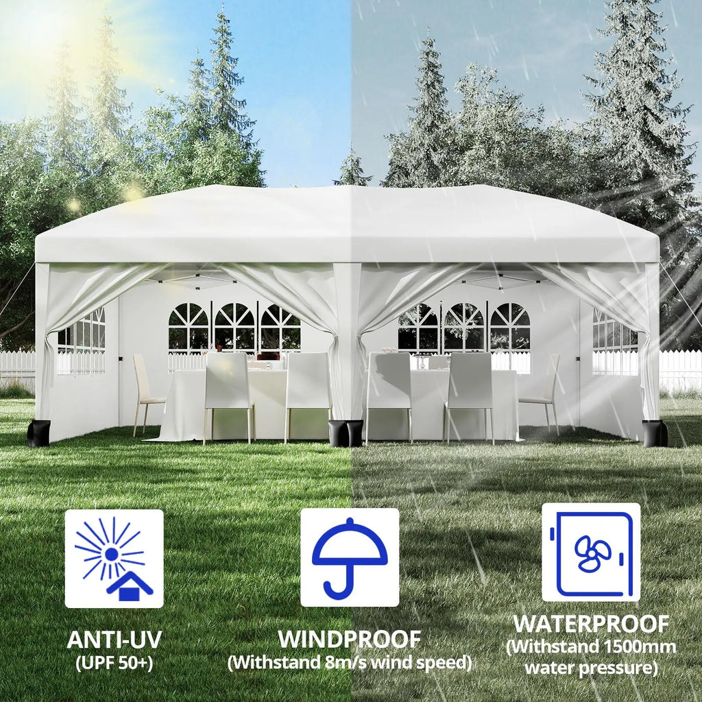 Tonnelle escamotable 10x20 robuste de qualité commerciale, tente instantanée avec 6 parois latérales, résistante aux intempéries, imperméable, pour mariages et fêtes en extérieur, installation facile, idéale pour la