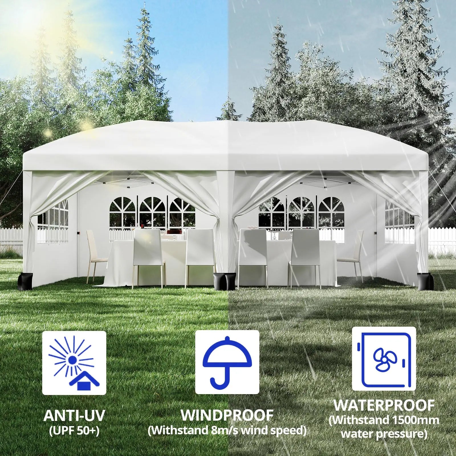 Tonnelle escamotable 10x20 robuste de qualité commerciale, tente instantanée avec 6 parois latérales, résistante aux intempéries, imperméable, pour mariages et fêtes en extérieur, installation facile, idéale pour la