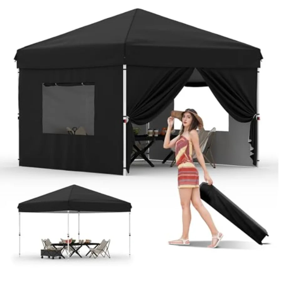 Outdoor party tent with 10x10 pop-up canopy, black polyester fabric, one-button push setup, 3-height adjustment, includes 4 sid