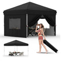 Outdoor party tent with 10x10 pop-up canopy, black polyester fabric, one-button push setup, 3-height adjustment, includes 4 sid