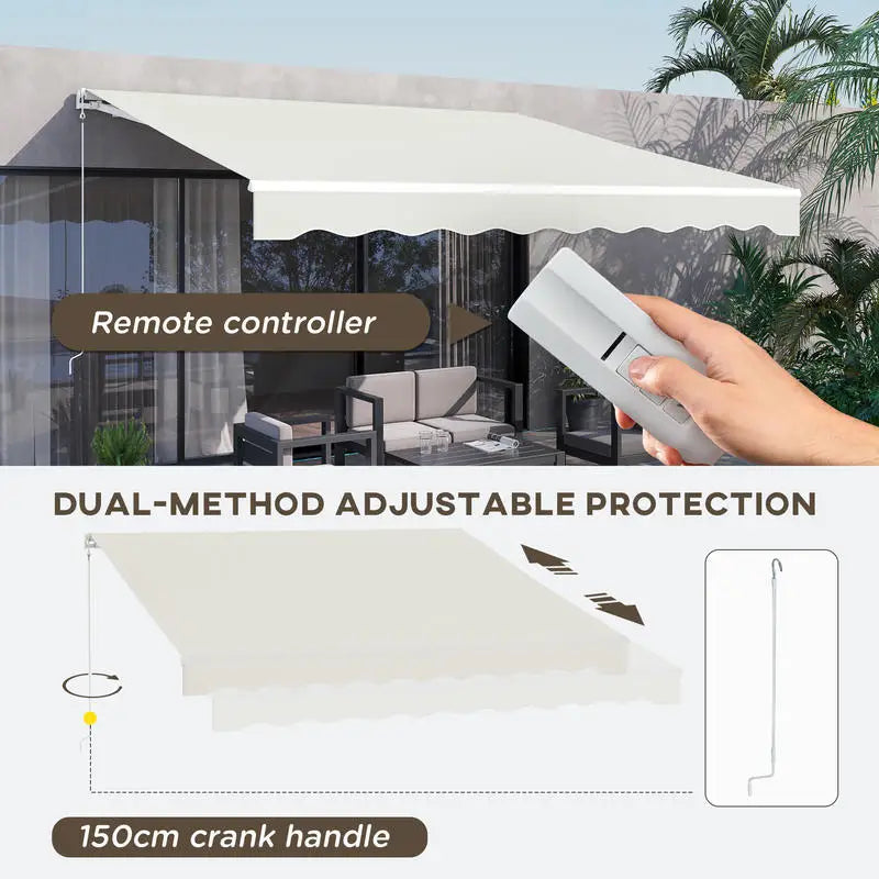12' x 10' Electric Awning, Retractable Awning, UV Protection Sun Shade Shelter with Remote Controller and Manual Crank Handle for Deck, Balcony, Yard, Cream White