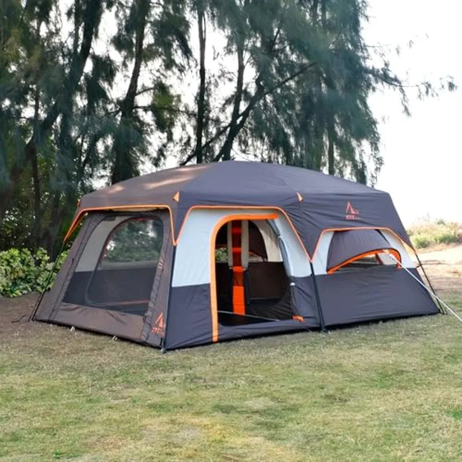 Extra Large Tent 12 PersonFamily Cabin Tents 2 Bay-Windows 2 Rooms and 3 Doors 3 Windows with Mesh Waterproof Straight Wall Dou