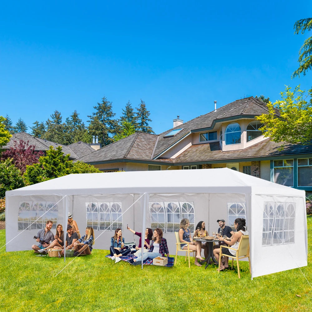 Tente de réception extérieure 10'x30', auvent imperméable avec 5 parois latérales amovibles et fenêtres de style église, grand gazebo pour mariage, anniversaire, barbecue en plein air, blanc