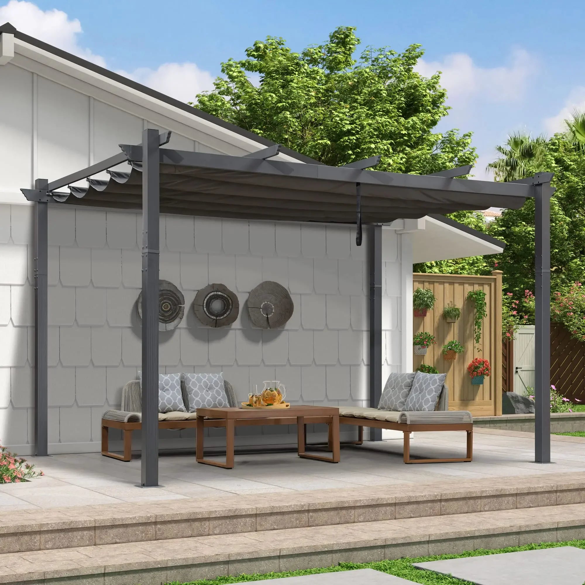 PURPLE LEAF 10' X 13' Outdoor Retractable Pergola with Sun Shade Canopy Patio Metal Shelter for Garden Porch Beach Pavilion