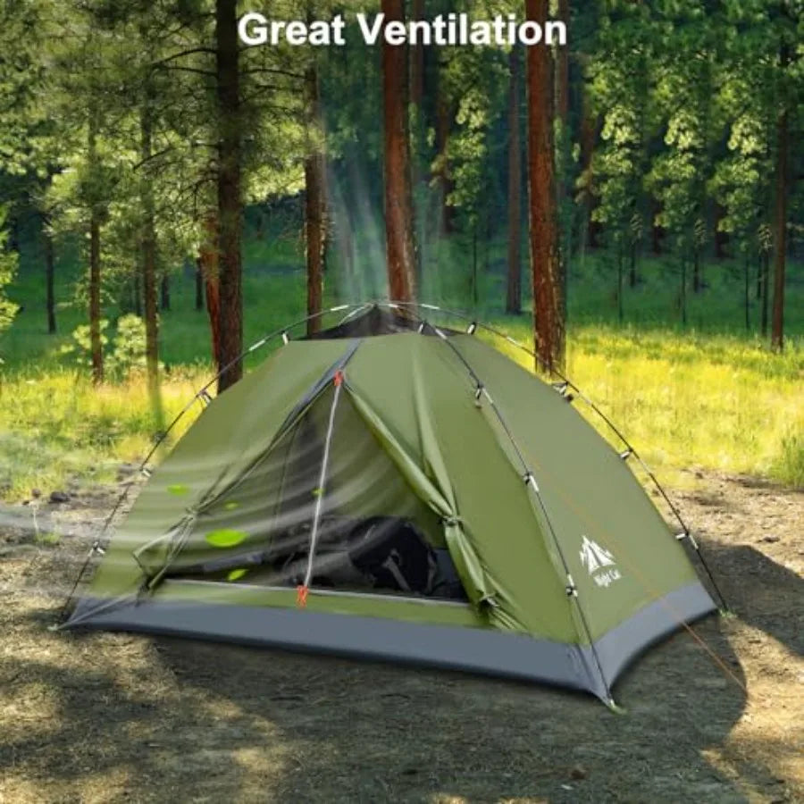 Backpacking tent for 1-2 persons, polyester fabric, gray color, quick-clipping setup and heavy rainproof design