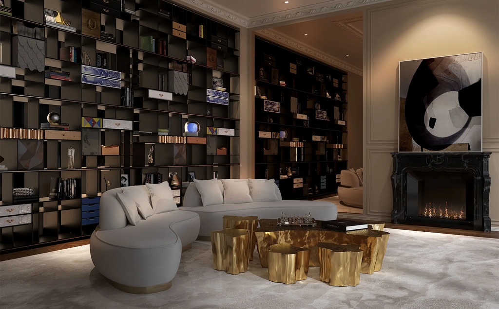 Luxurious Leisure Leather Curved Sofa with Brass Base Couch Elegance Living Room Set Villa Whole House Furniture Customization
