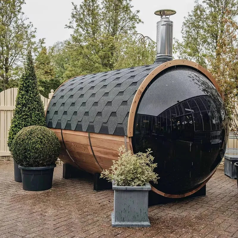 Outdoor barrel traditional steam cedar wood sauna with wood burning stove