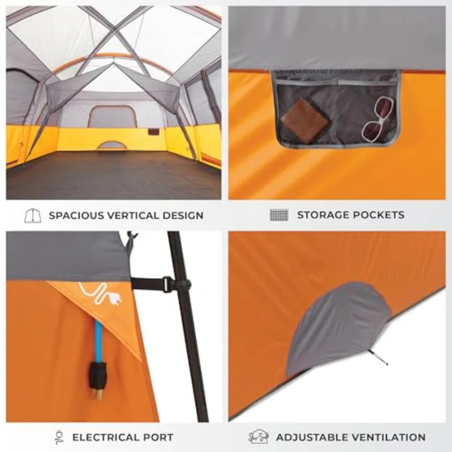 Family camping tent for 10-12 persons, multi-room cabin design, polyester fabric, gray-green color, waterproof and quick-setup
