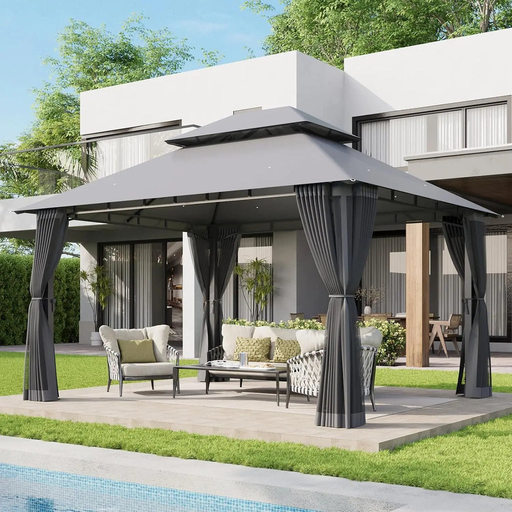 Customized Heavy-Duty Outdoor Gazebo with Double Roof, Mosquito Netting & Zipper Screens, Perfect for Party & Patio Use