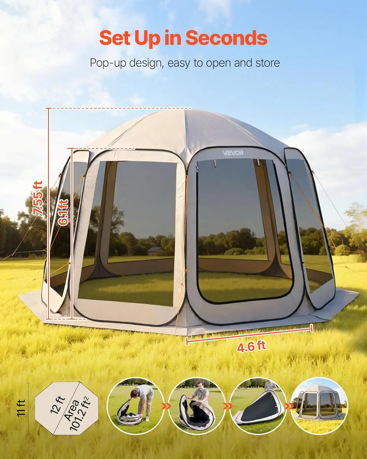 Pop-up Screen House Tent, 12 x 11 ft (approx. 3.7 x 3.4 m), screen gazebo for 10–12 people with extended awning, portable screened enclosure with carry bag and mesh walls, ideal for patios, backyards and outdoor activities