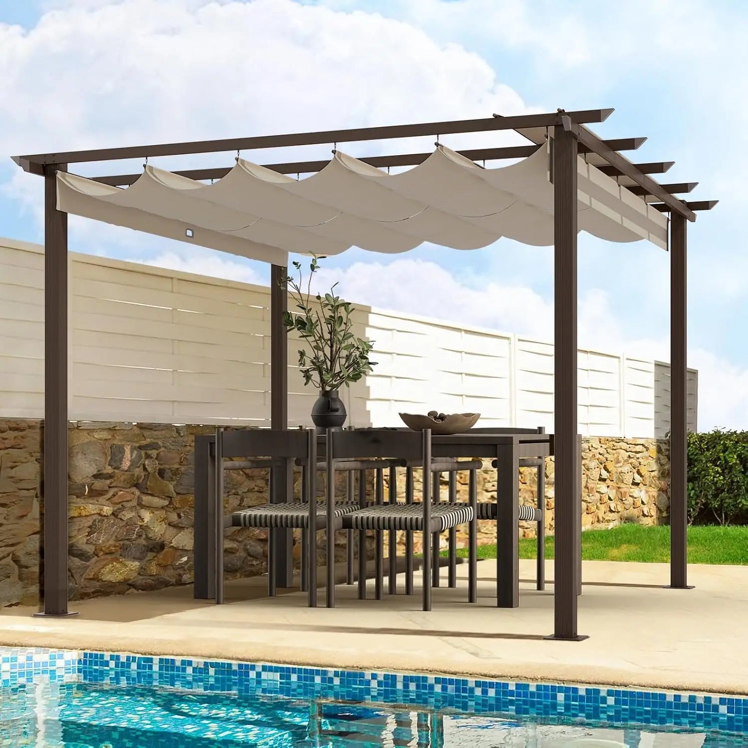 10' X 13' Outdoor Retractable Pergola Canopy for Deck, Backyard, Patio, Aluminum Pergola with Sun Canopy, Includes Ground Studs