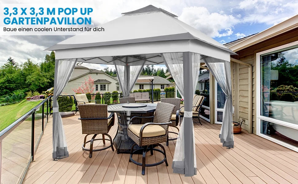 Gazebo 3.3x3.3m Waterproof Stable Pop Up Folding Gazebo, Adjustable Garden Gazebo with 4 Mosquito Net Side Panels & Double Roof