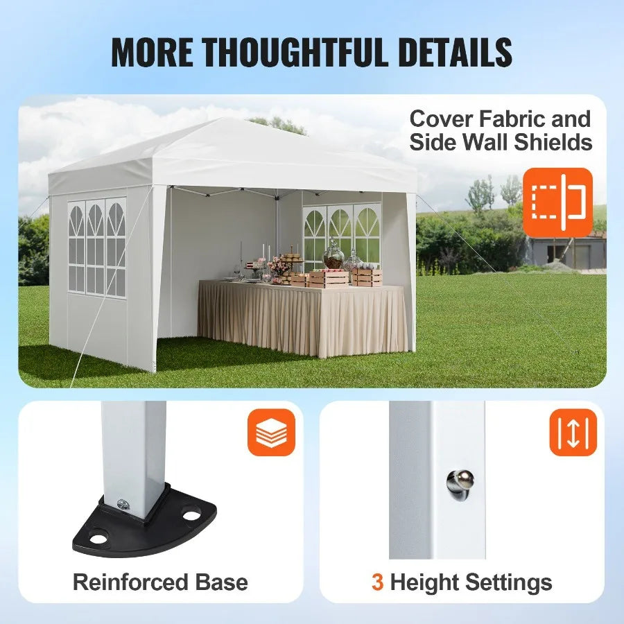10x10 FT Pop Up Canopy Portable Gazebo with 3 Sidewalls and 2 Ventilated Windows Height Adjustable Outdoor Shelter Tent in Whit
