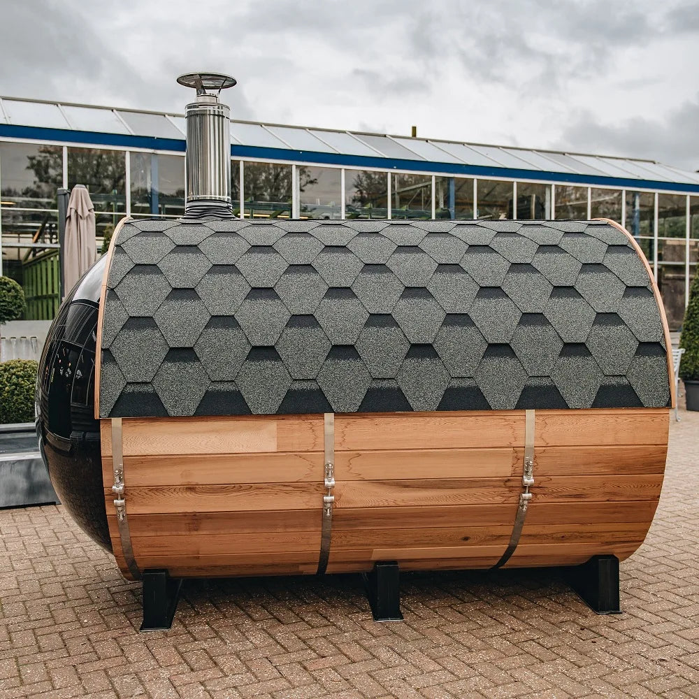 Outdoor barrel traditional steam cedar wood sauna with wood burning stove