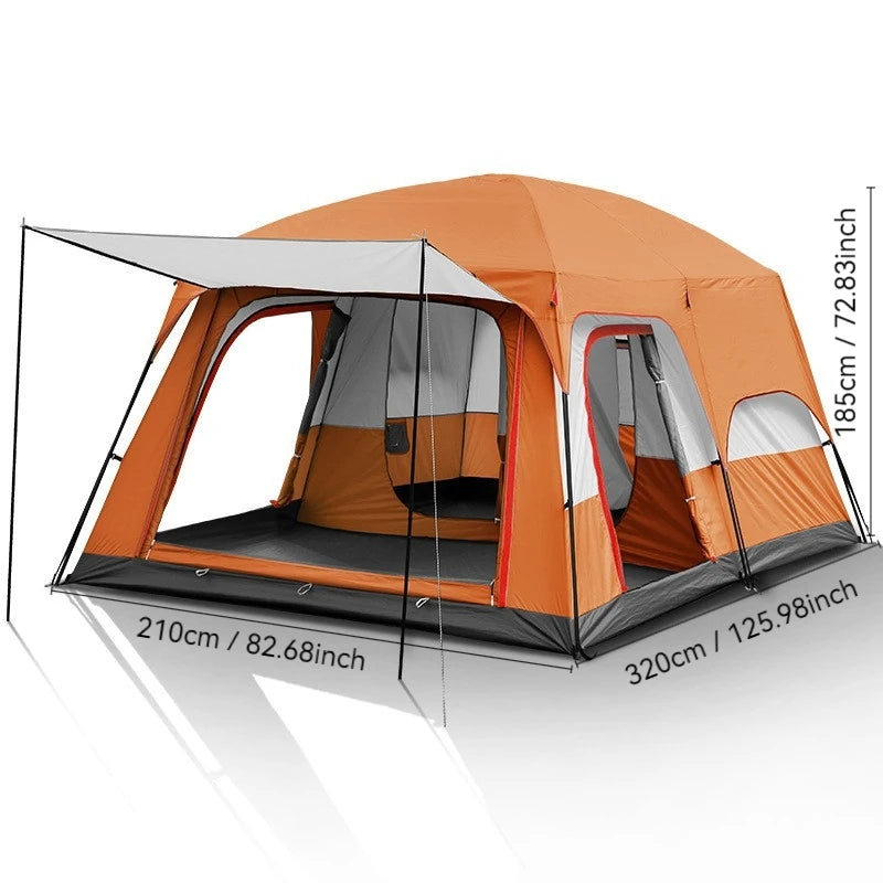 4/8/12-person outdoor family camping tent with a removable awning; spacious interior accommodates multiple people; multiple mesh windows provide ventilation and keep out mosquitoes; windproof, waterproof, and UV-resistant; su
