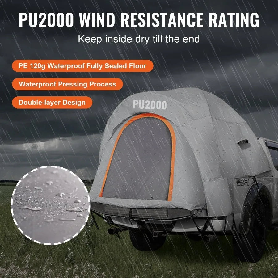 Truck Bed Tent 6.4-6.7ft for Pickup Truck with Rain Layer and Carry Bag Waterproof PU2000mm Double Layer Tent in Black Fits 2-3