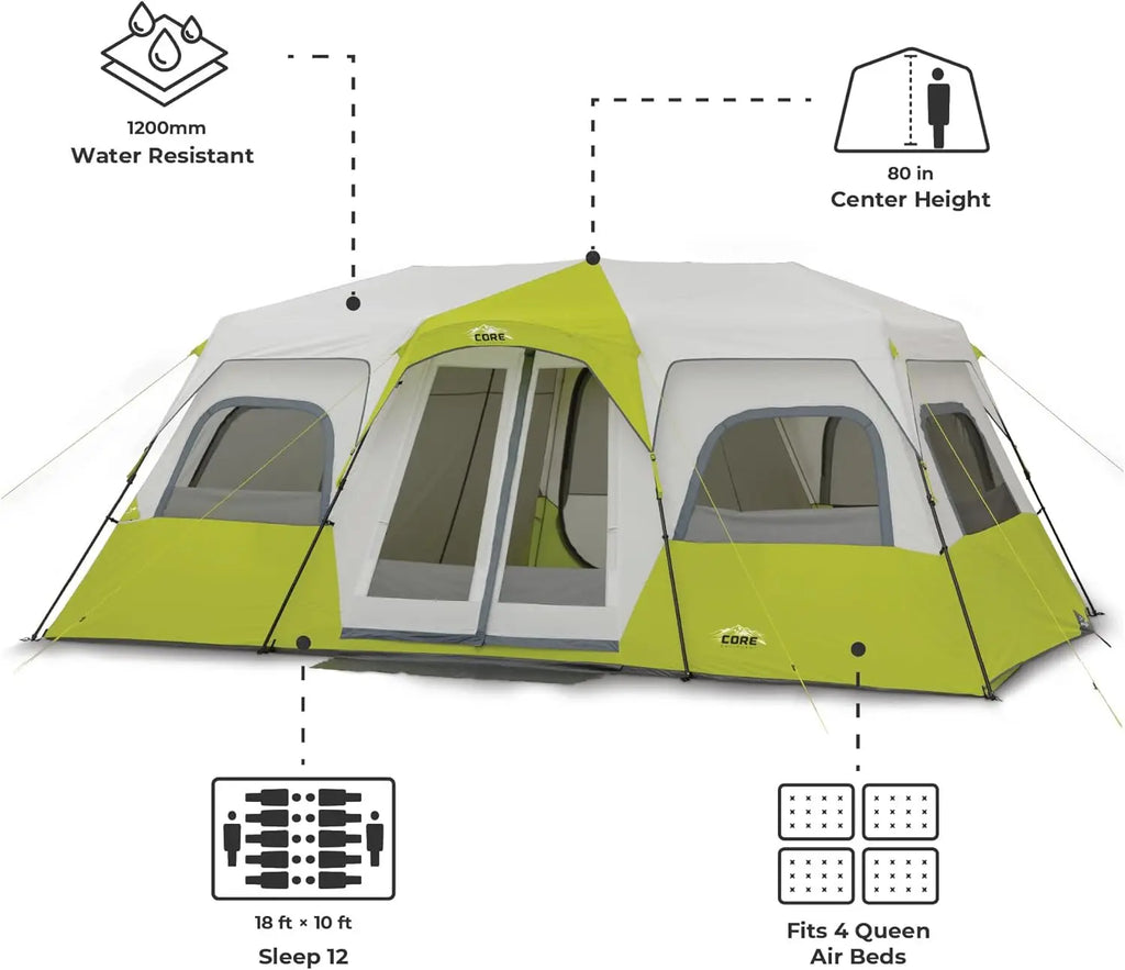 CORE Instant Cabin Tents | 6 Person / 9 Person / 10 Person / 12 Person Family Cabin Multi Room Pop Up Tents Car Camping