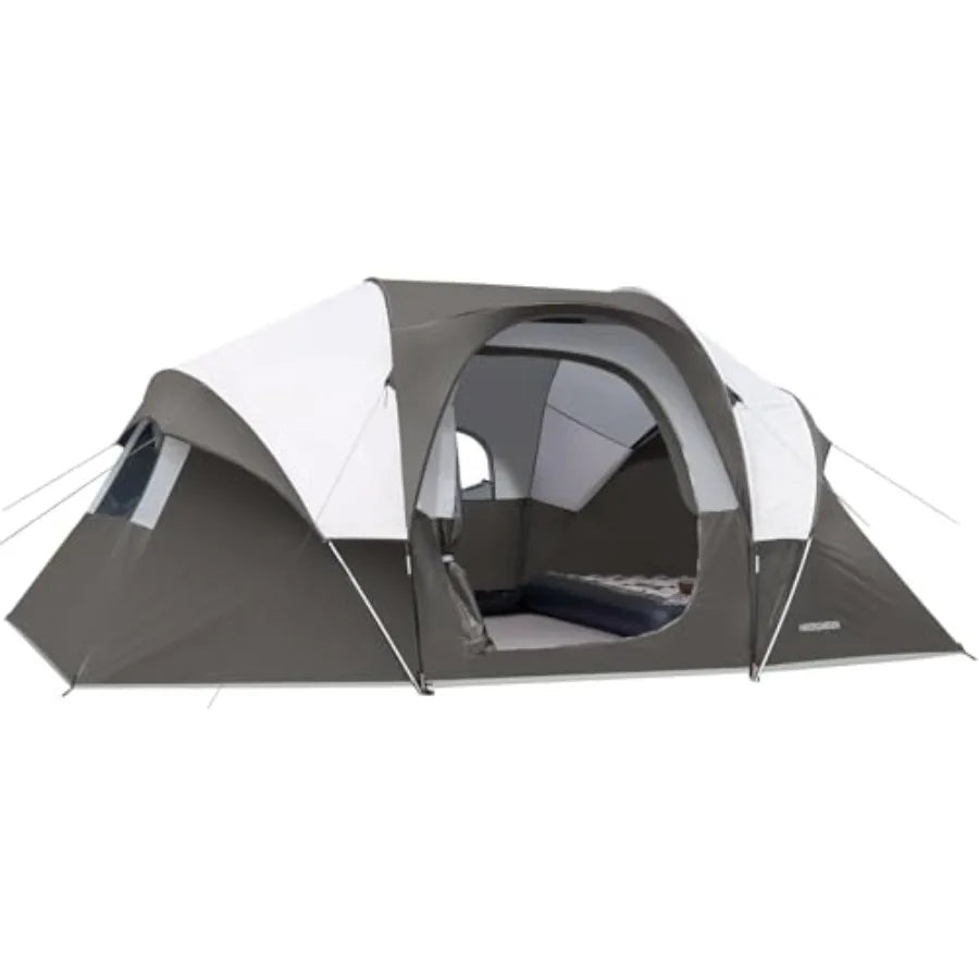 10-person camping tent for family outdoor use, polyester windproof fabric, gray-green color, quick-setup dome design