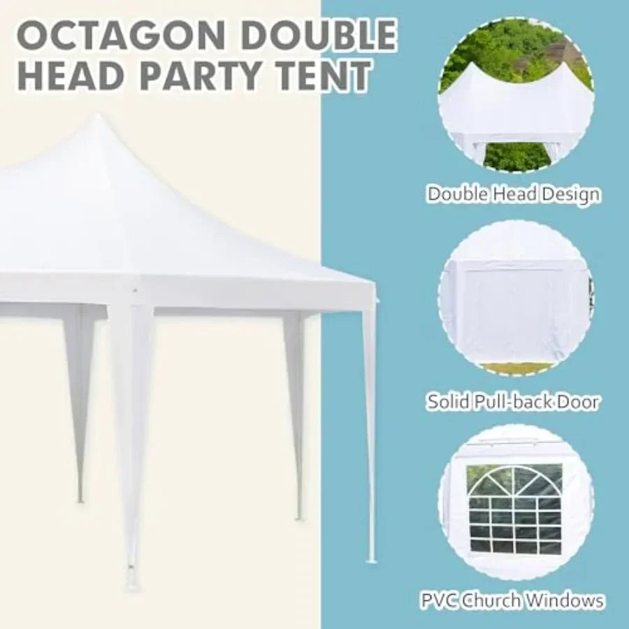 20x15ft Party Tent White Wedding Octagonal Heavy Duty  with 6 Removable Sidewalls 6 Church Windows and 2 Pull-Back Doors Outdoo