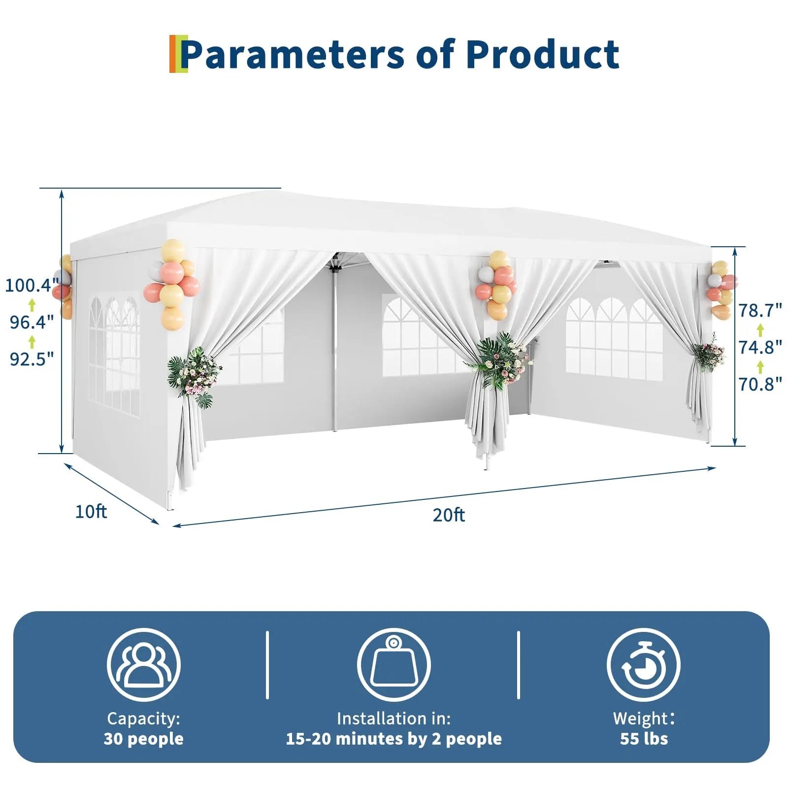Tente pop-up 10x20 pieds, abri imperméable robuste avec 6 parois latérales amovibles, gazebo portable blanc pour fêtes, mariages, camping, jardin