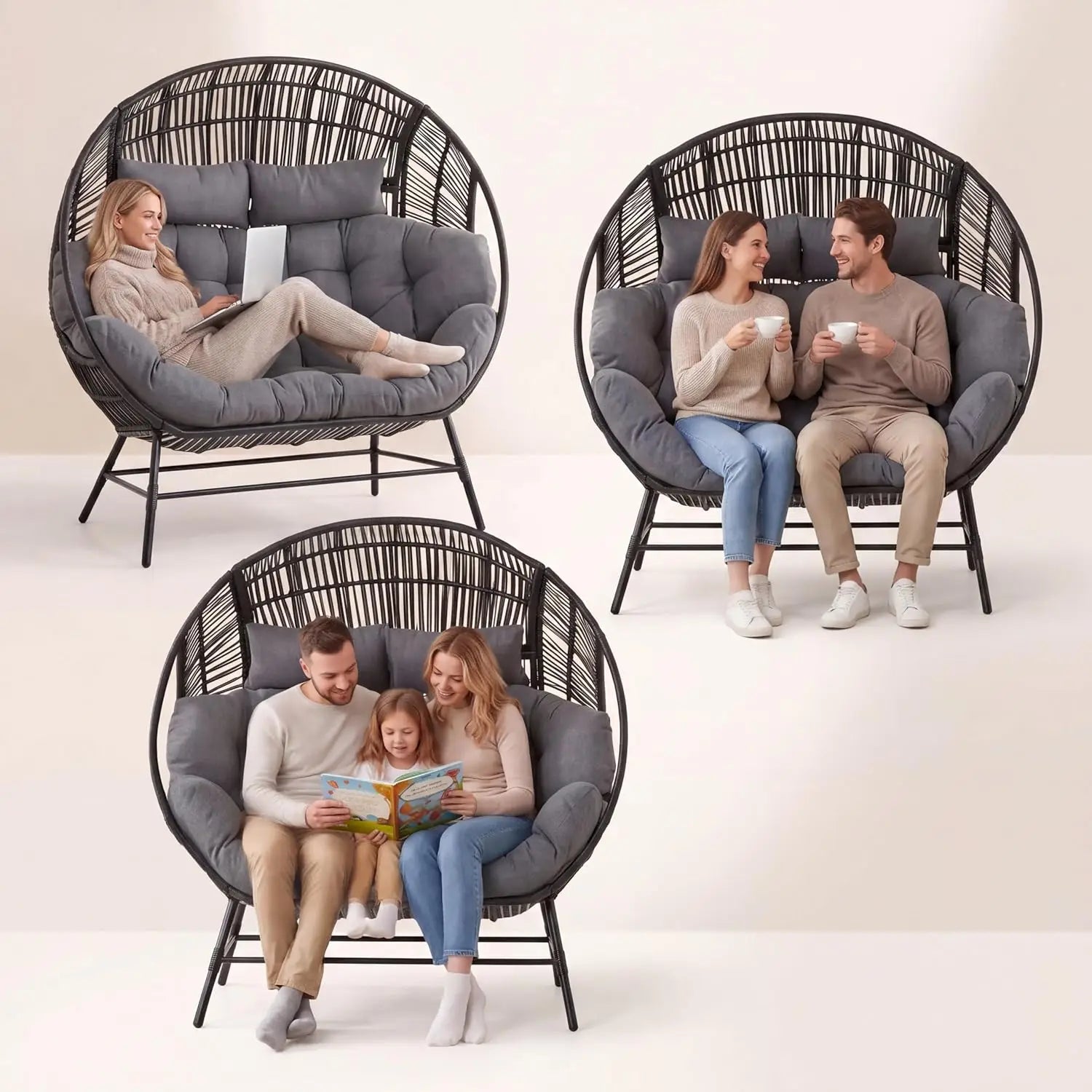 Outdoor Round Egg Chair with Armrest, Double Lounge Chair with Cushions & Headrests, Wicker Patio Backyard Seat, Black, Custom