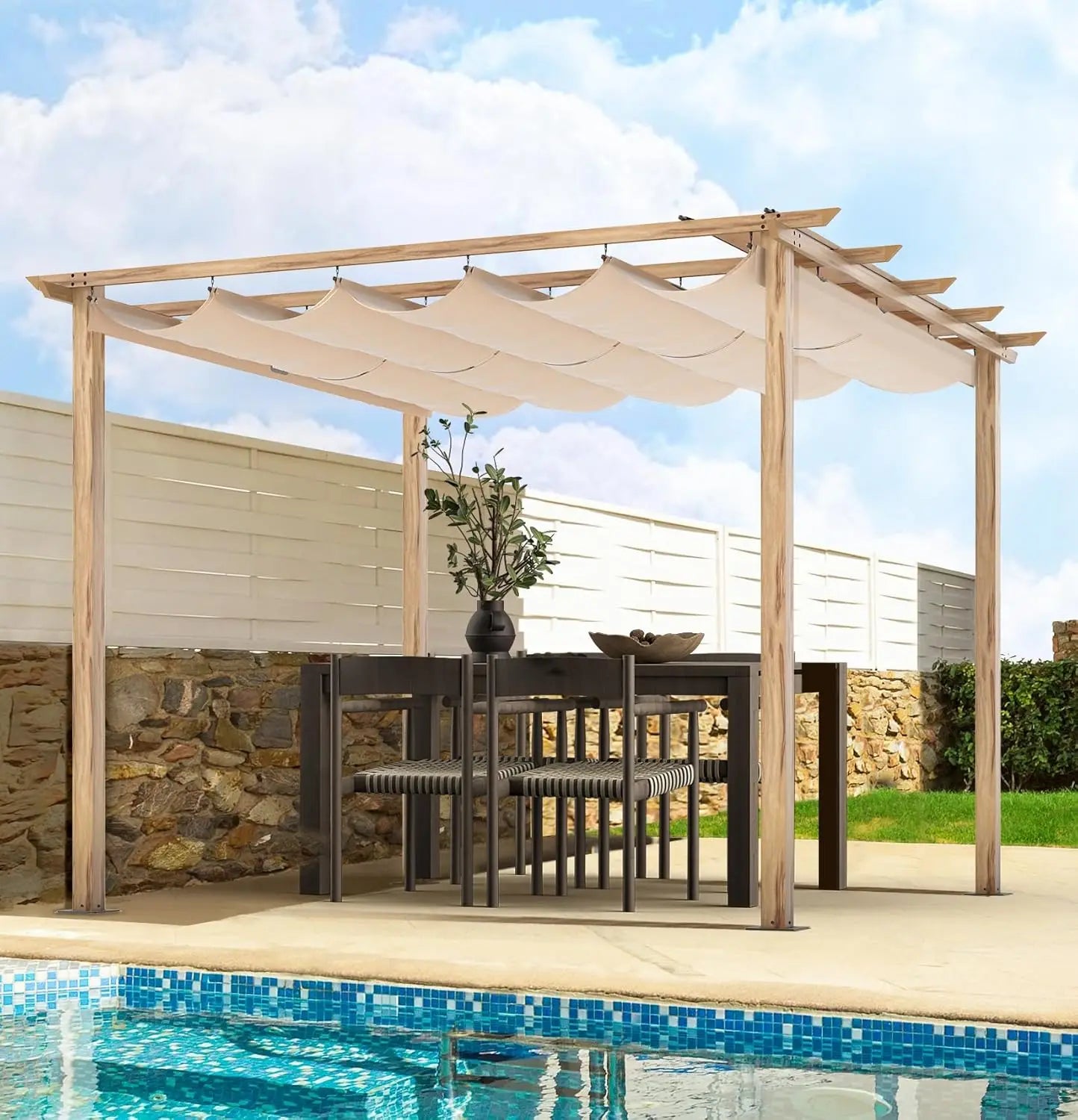 10' X 13' Outdoor Retractable Pergola Canopy for Deck, Backyard, Patio, Aluminum Pergola with Sun Canopy, Includes Ground Studs