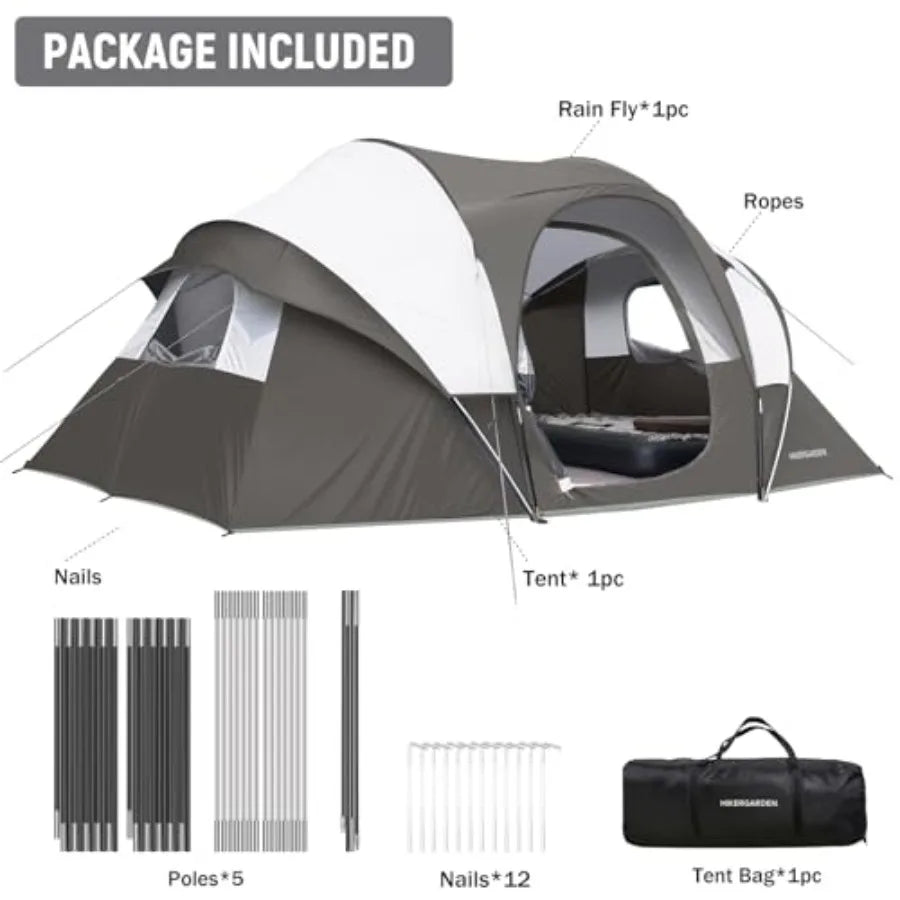 10-person camping tent for family outdoor use, polyester windproof fabric, gray-green color, quick-setup dome design