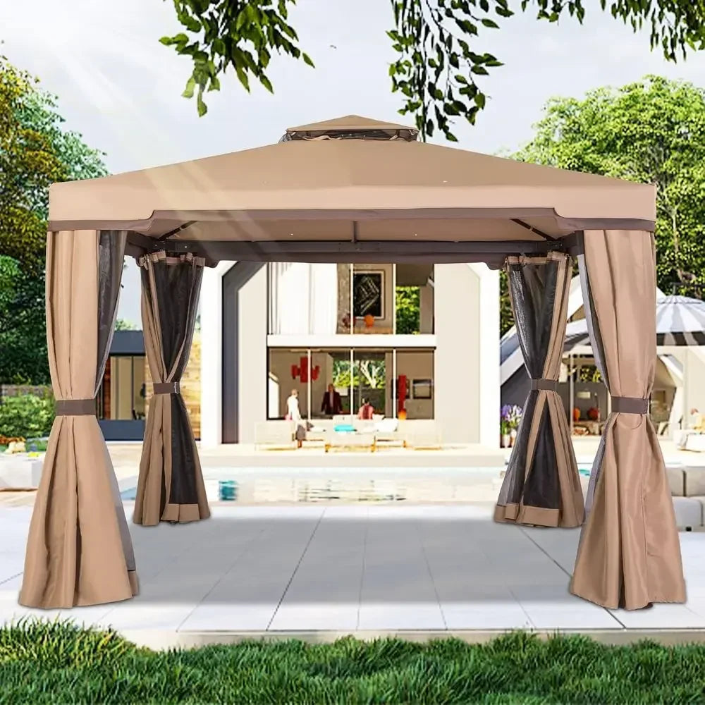 10x10 Outdoor Patio Gazebo with Mosquito Net and Double Top for Weddings and Events
