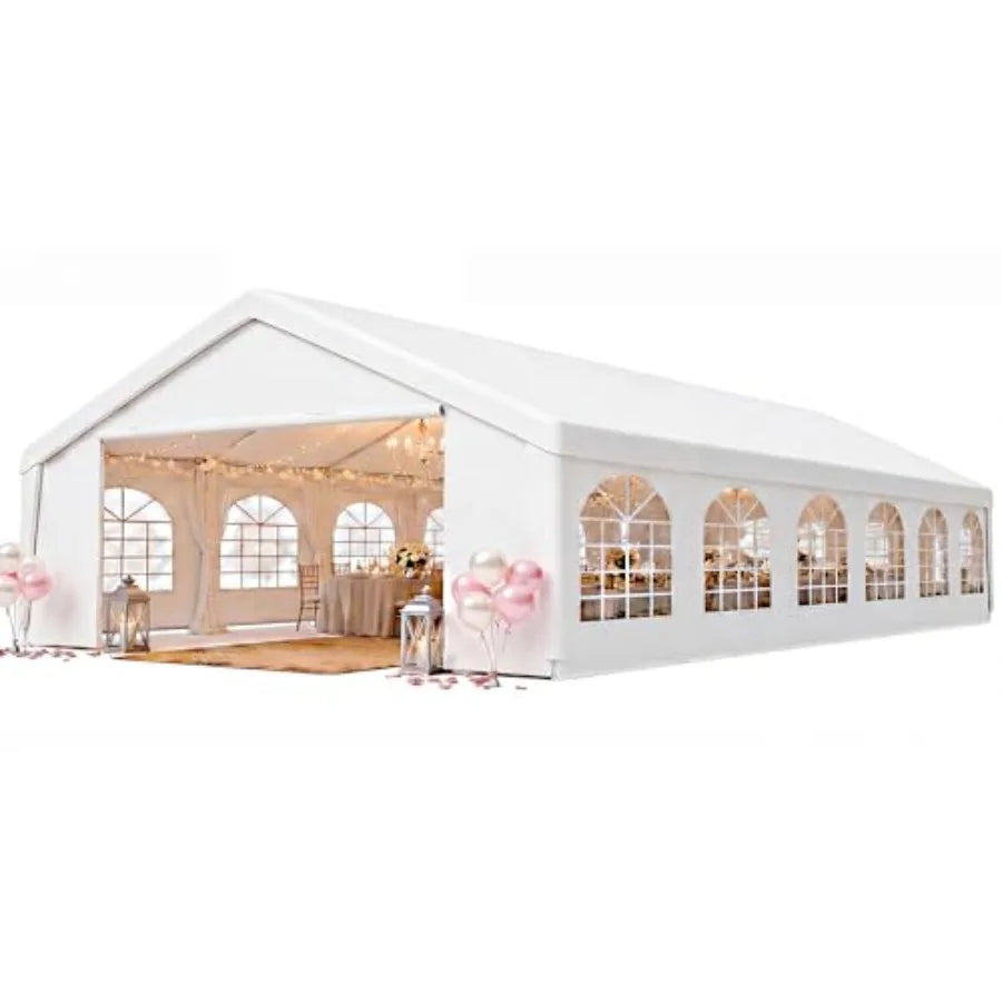 20x40 Party Tent Canopy for Weddings: Waterproof white polyester canopy with heavy-duty steel frame, removable sidewalls roll-u
