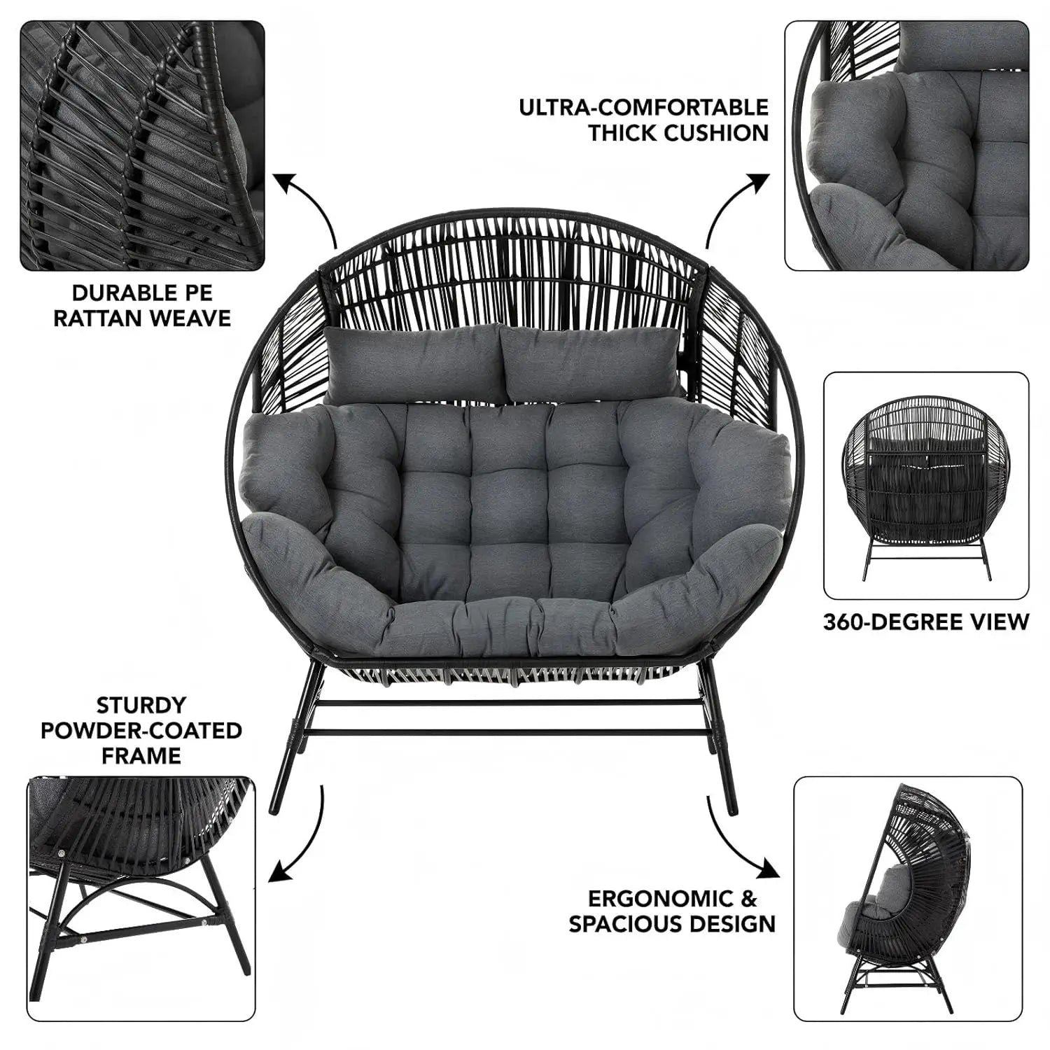 Outdoor Round Egg Chair with Armrest, Double Lounge Chair with Cushions & Headrests, Wicker Patio Backyard Seat, Black, Custom