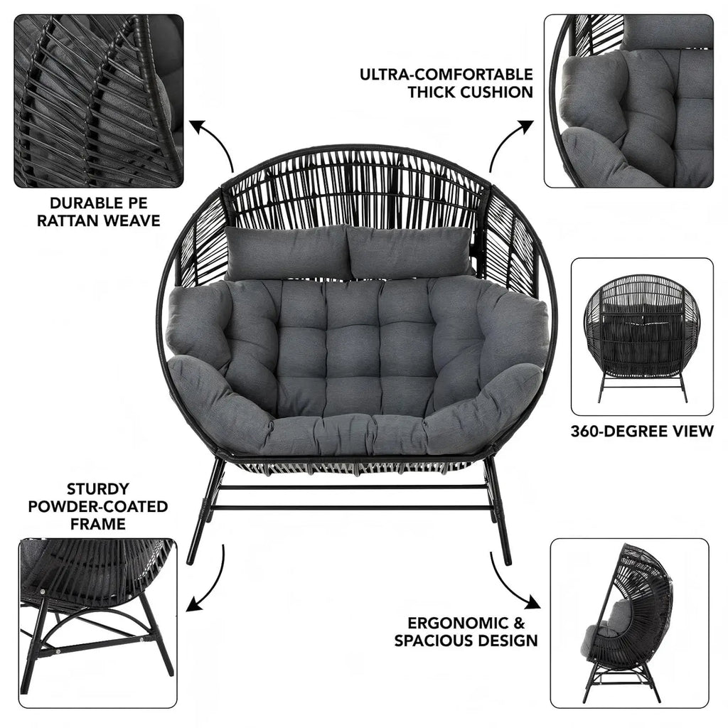 Outdoor Round Egg Chair with Armrest, Double Lounge Chair with Cushions & Headrests, Wicker Patio Backyard Seat, Black, Custom