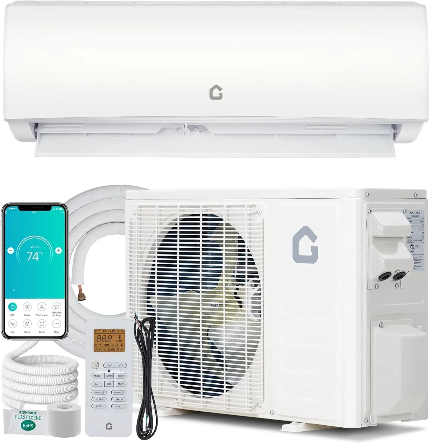 Garvee 20 SEER2 9000 BTU Mini Split Air Conditioner & Heater, Wifi Enabled Ductless Inverter AC Unit with 230V Energy Saving System, White
