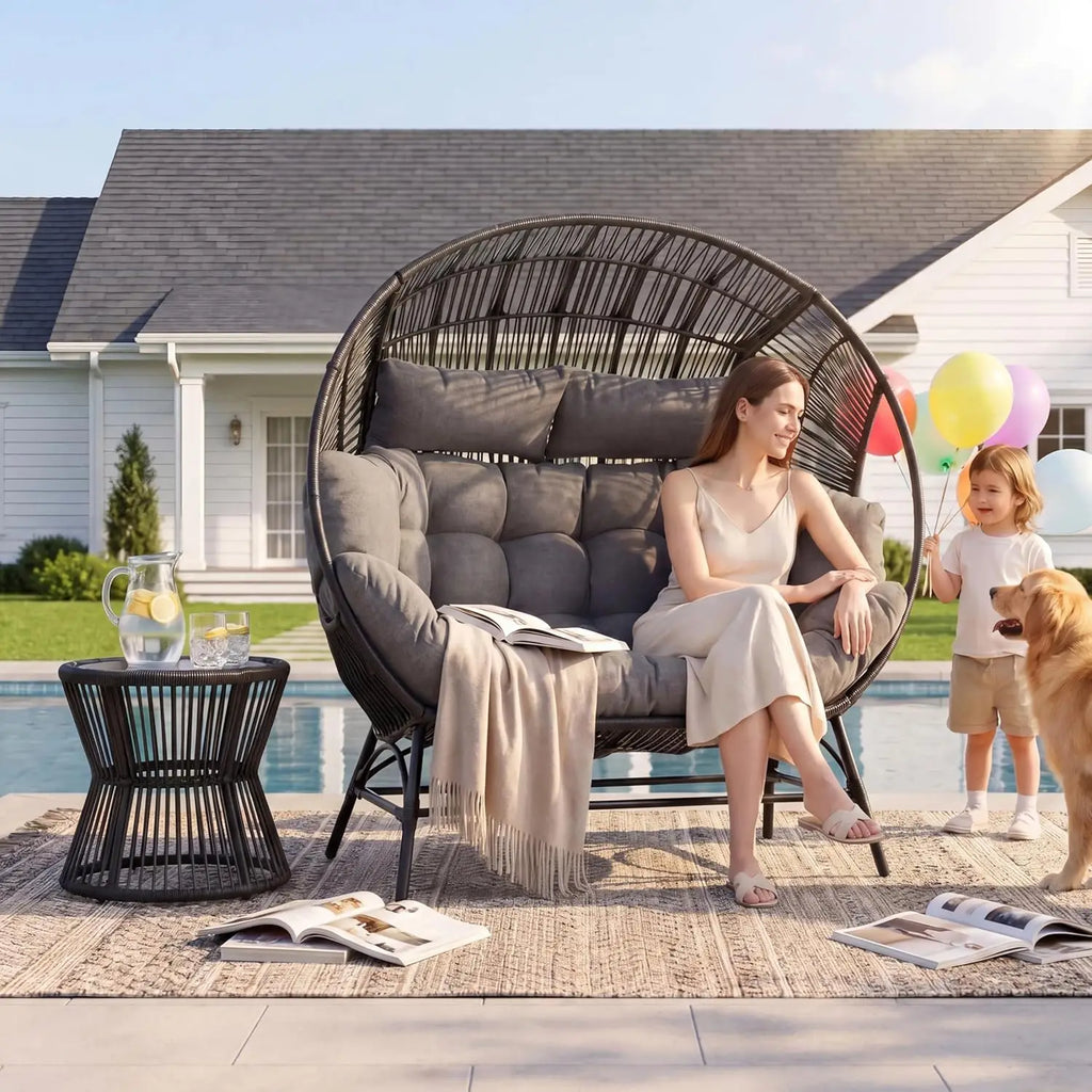 Outdoor Round Egg Chair with Armrest, Double Lounge Chair with Cushions & Headrests, Wicker Patio Backyard Seat, Black, Custom
