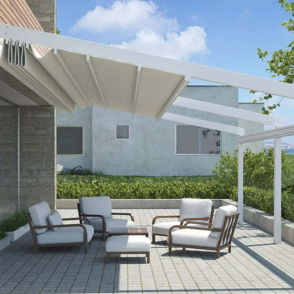 Outdoor Folding Sun Shade Aluminum Columns Backyard Retractable Sun Shelter LED Light Motorized Wall-mounted Foldable Gazebo