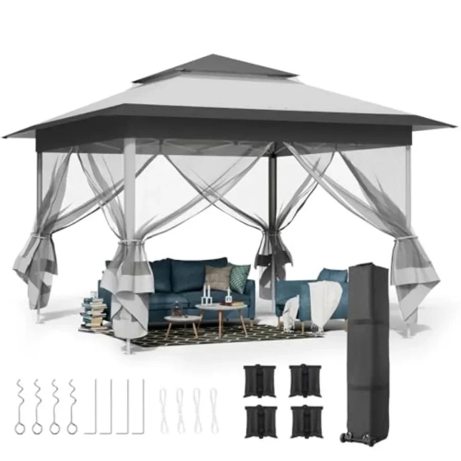 13Feet Pop Up Gazebo Outdoor   Tent w/4 Netting Sidewall Auto Extending Eave Patio Gazebos Shelter w/Mesh Wall Center Lock Whee