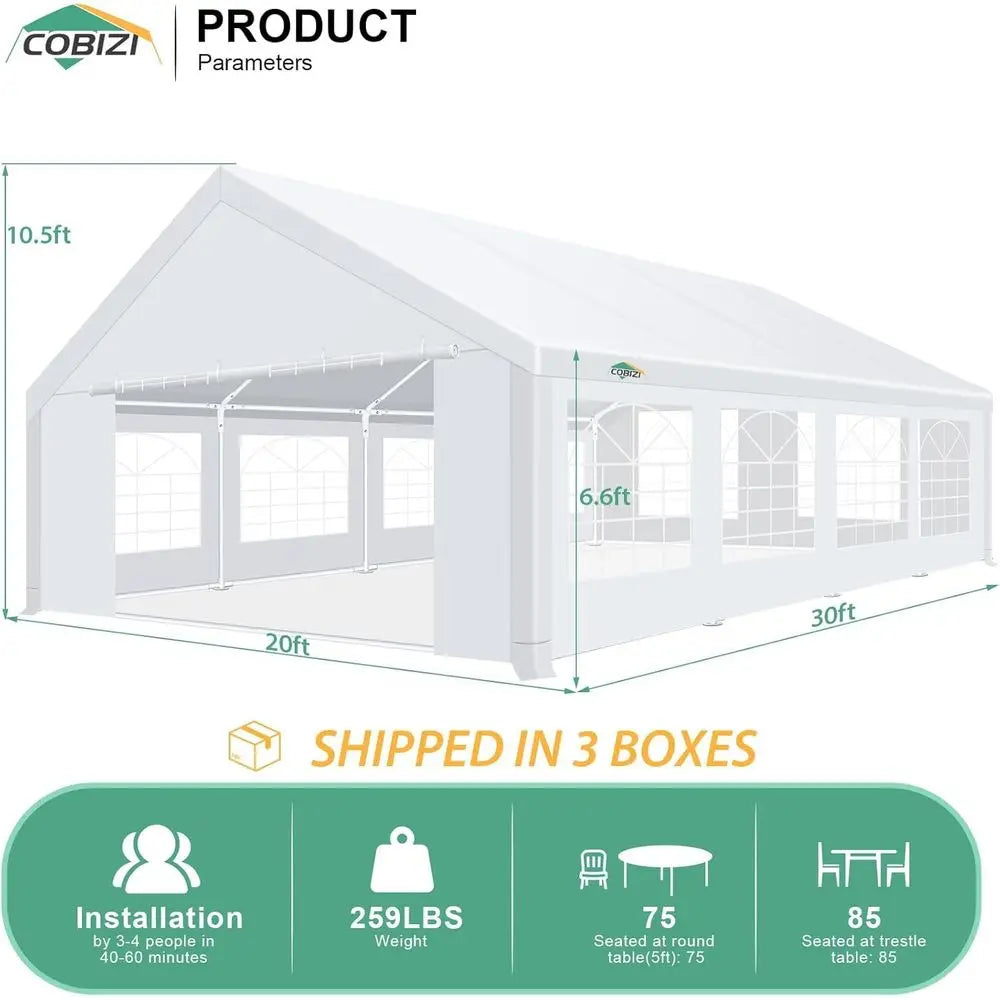 20x30 Outdoor Party Tent Heavy Duty Waterproof Canopy Shelter with 8 Sidewalls amp 12 Church Windows, White Powder Coating, Bui