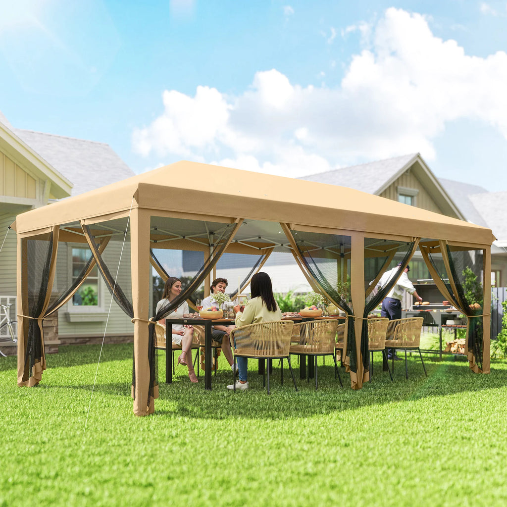 10x20 Pop Up Canopy Tent Water Resistant with Mesh Netting Heavy Duty Instant Sun Shelter Large Portable for Patio Garden Beige
