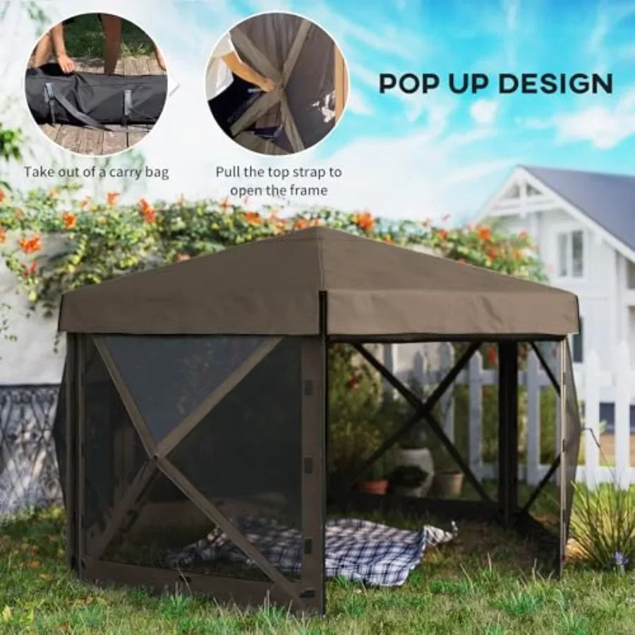 12' x 12' Hexagonal Pop Up Gazebo  Tent with 5 Sidewalls Waterproof Portable Outdoor  Shelter in Beige with Curtains Carry Bag