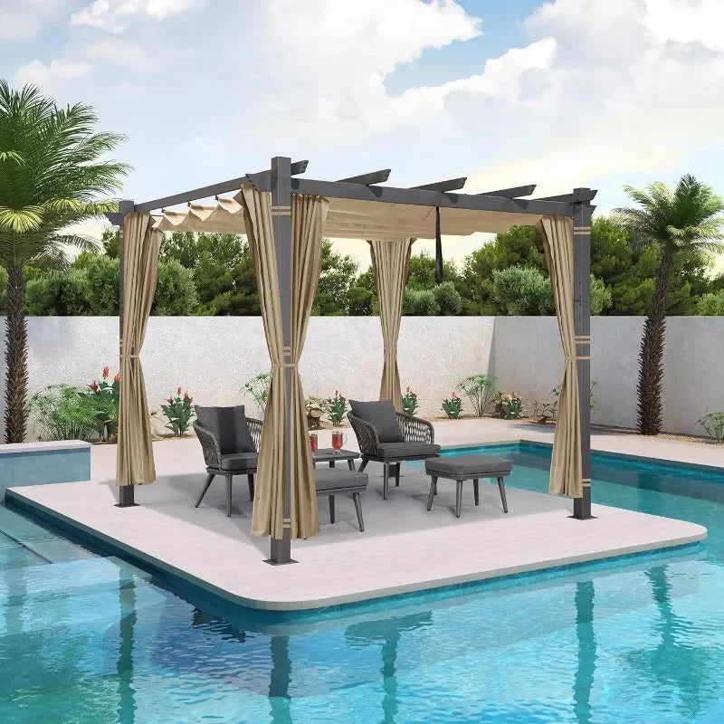 PURPLE LEAF 10' X 13' Outdoor Retractable Pergola with Sun Shade Canopy Patio Metal Shelter for Garden Porch Beach Pavilion