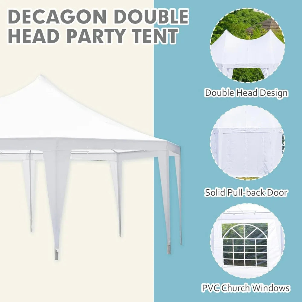 26'x19' Party Tent, White Wedding Tent, Decagonal Heavy Duty Canopy with 8 Removable Sidewalls, 8 Church Windows and 2 Pull-Bac