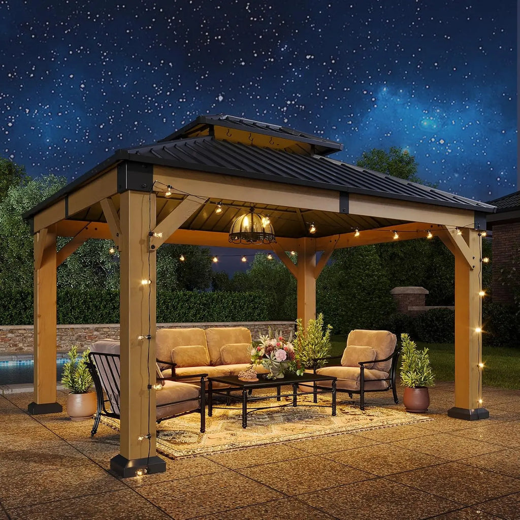 Gazebo en bois d'extérieur, toit rigide, pavillon permanent, acier galvanisé, double toit, patio, jardin, terrasse, cèdre naturel, sur mesure