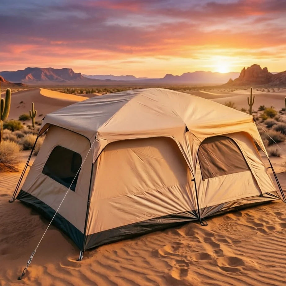 4/8/12-person large outdoor camping tent with a front awning; waterproof and UV-resistant. Features multiple mesh windows for excellent ventilation and mosquito protection; suitable for a variety of settings and all four seas