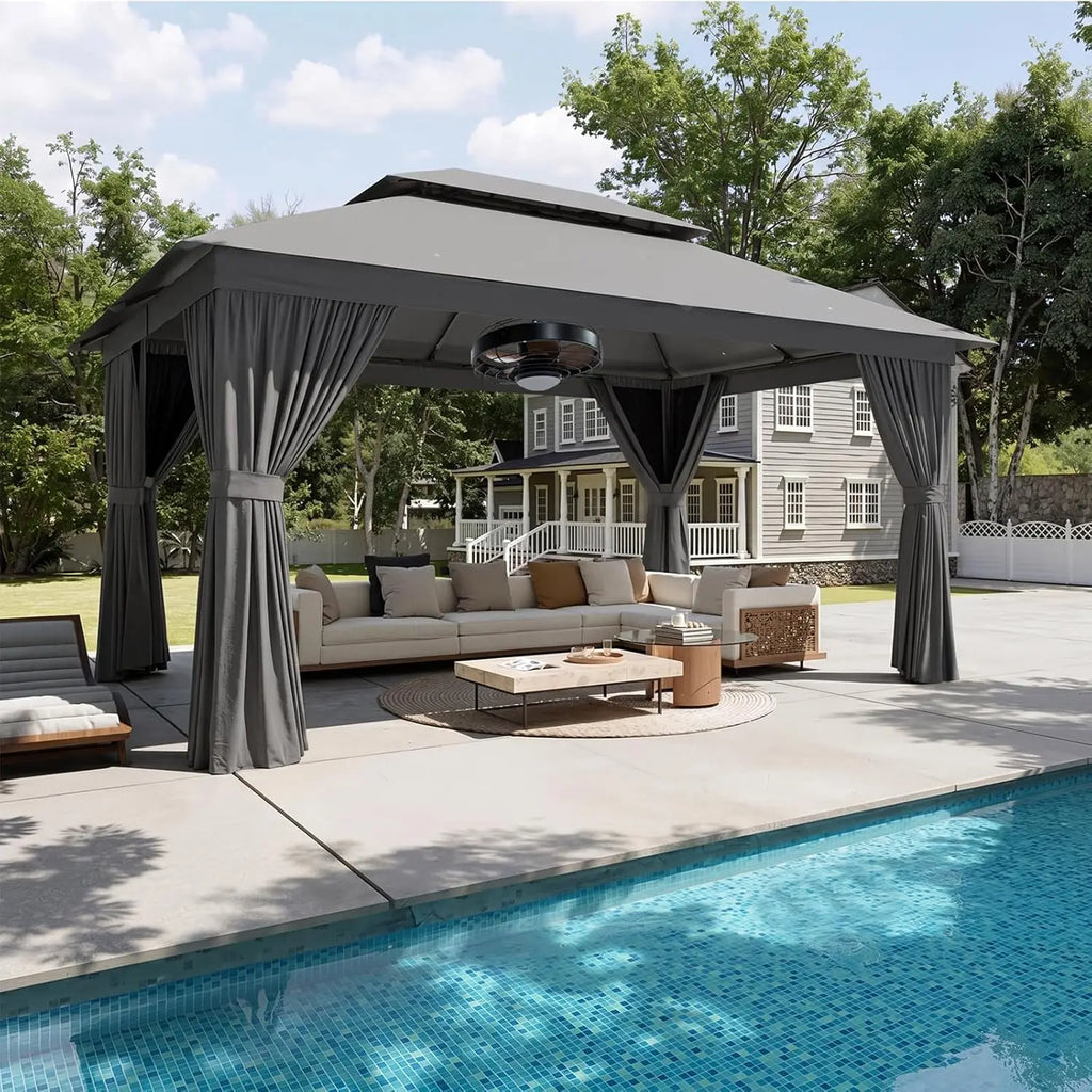 Gazebo extérieur 10x12 pieds avec ventilateur de plafond de 20 pouces, structure métallique, double toit, tente de réception robuste, personnalisable