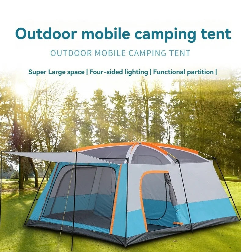 4/8/12-person outdoor family camping tent with a removable awning; spacious interior accommodates multiple people; multiple mesh windows provide ventilation and keep out mosquitoes; windproof, waterproof, and UV-resistant; su